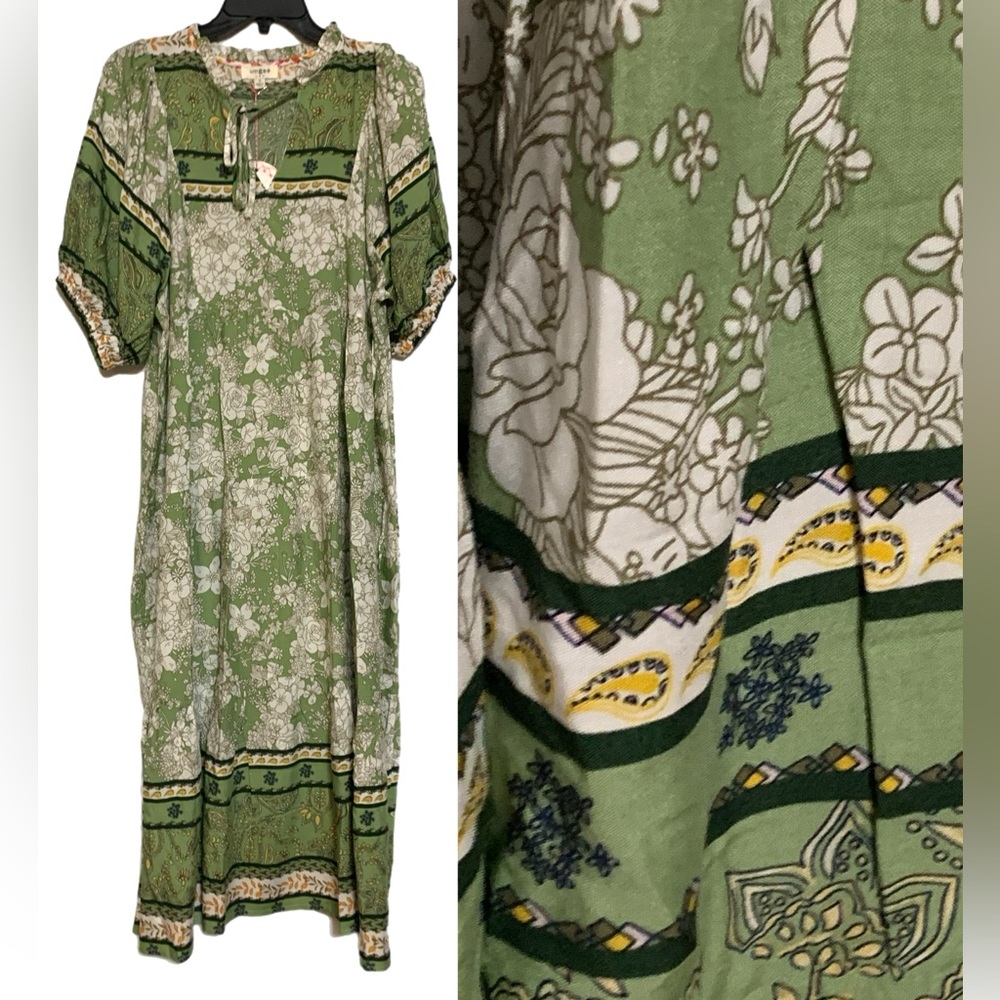 Umgee NWT Boutique Boho Hippy Floral Print Dress S - L SAGE greenBohemian Gypsy - Picture 2 of 10